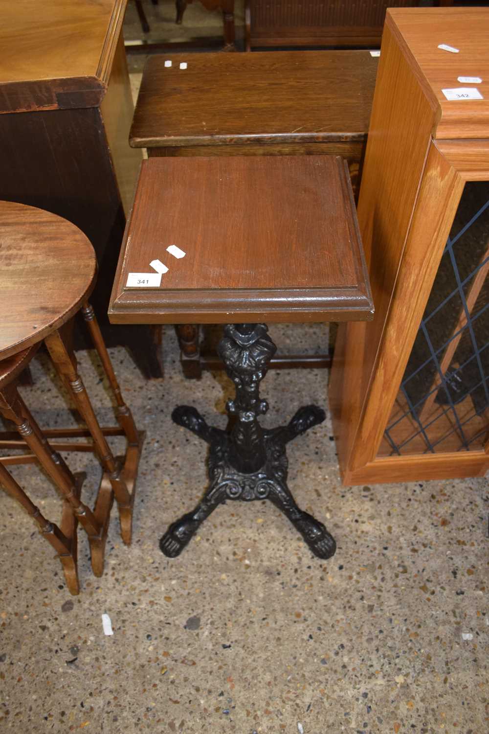 CAST IRON BASED SMALL PUB TABLE WITH SQUARE WOODEN TOP, 74CM HIGH