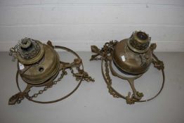 PAIR OF BRASS HANGING CEILING OIL LAMPS