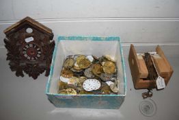 BOX OF MIXED POCKET WATCH PARTS, CUCKOO CLOCK FACE ETC