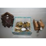 BOX OF MIXED POCKET WATCH PARTS, CUCKOO CLOCK FACE ETC