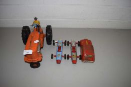 PAIR OF TRI-ANG MODEL CARS, A LOUIS MARX MODEL TRACTOR AND A FURTHER FIRE CHIEF CAR