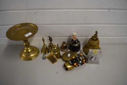 VARIOUS BRASS AND BASE METAL BELLS, BRASS CANDLEHOLDER AND OTHER ITEMS