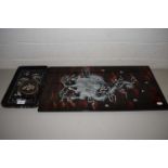 MODERN CHINESE MOTHER OF PEARL INLAID AND LACQUERED WALL PLAQUE, TOGETHER WITH A DRESSING TABLE TRAY