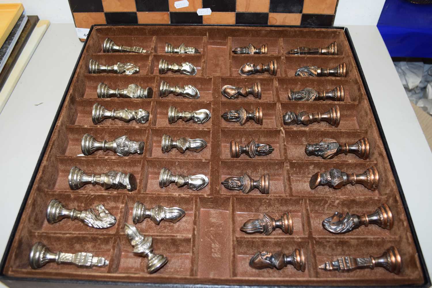 MODERN METAL CHESS SET IN FITTED CASE TOGETHER WITH FURTHER MODERN BRASS AND POLISHED STONE CHESS - Image 2 of 2