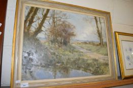 OWEN WATERS, STUDY OF A COUNTRY TRACK WITH POND, OIL ON BOARD, F/G