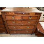 LATE GEORGIAN OAK, MAHOGANY AND WALNUT CROSS BANDED CHEST OF TWO SHORT OVER THREE LONG DRAWERS