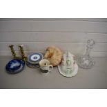 FLORAL DECORATED WEDGE FORMED CHEESE DISH, DECANTER, BRASS CANDLESTICKS, VARIOUS DECORATED PLATES,