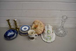 FLORAL DECORATED WEDGE FORMED CHEESE DISH, DECANTER, BRASS CANDLESTICKS, VARIOUS DECORATED PLATES,