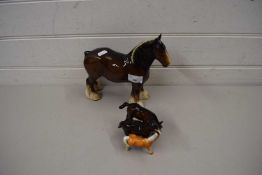 BESWICK BROWN SHIRE HORSE AND THREE VARIOUS FOALS