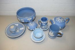 QUANTITY OF WEDGWOOD BLUE JASPERWARES TO INCLUDE PEDESTAL BOWL, TEA POT, AND OTHER ITEMS