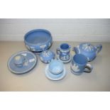 QUANTITY OF WEDGWOOD BLUE JASPERWARES TO INCLUDE PEDESTAL BOWL, TEA POT, AND OTHER ITEMS