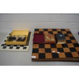 MODERN METAL CHESS SET IN FITTED CASE TOGETHER WITH FURTHER MODERN BRASS AND POLISHED STONE CHESS