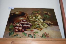 J RAY, (19TH CENTURY, BRITISH), STILL LIFE OF FRUIT AND A DOUBLE HANDLED VESSEL, OIL ON BOARD,