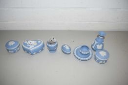QUANTITY OF BLUE WEDGWOOD JASPERWARE ITEMS TO INCLUDE TRINKET BOXES, VASE, TABLE LIGHTER ETC