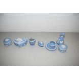 QUANTITY OF BLUE WEDGWOOD JASPERWARE ITEMS TO INCLUDE TRINKET BOXES, VASE, TABLE LIGHTER ETC