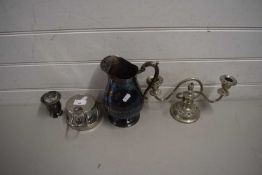 SILVER PLATED CANDELABRA, JUG AND OTHER ITEMS