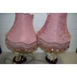 PAIR OF CAPO DI MONTE RESIN BASED FIGURAL TABLE LAMPS WITH PINK SHADES