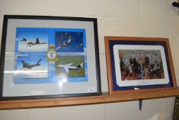 MODERN RAF BRIZE NORTON COLOURED AIRCRAFT PHOTO TOGETHER WITH A FURTHER FRAMED CRICKETING PRINT
