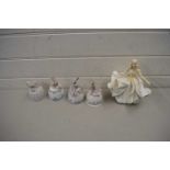 ROYAL DOULTON FIGURINE 'SWEET SEVENTEEN', TOGETHER WITH FOUR LLADRO FIGURAL BELLS (5)