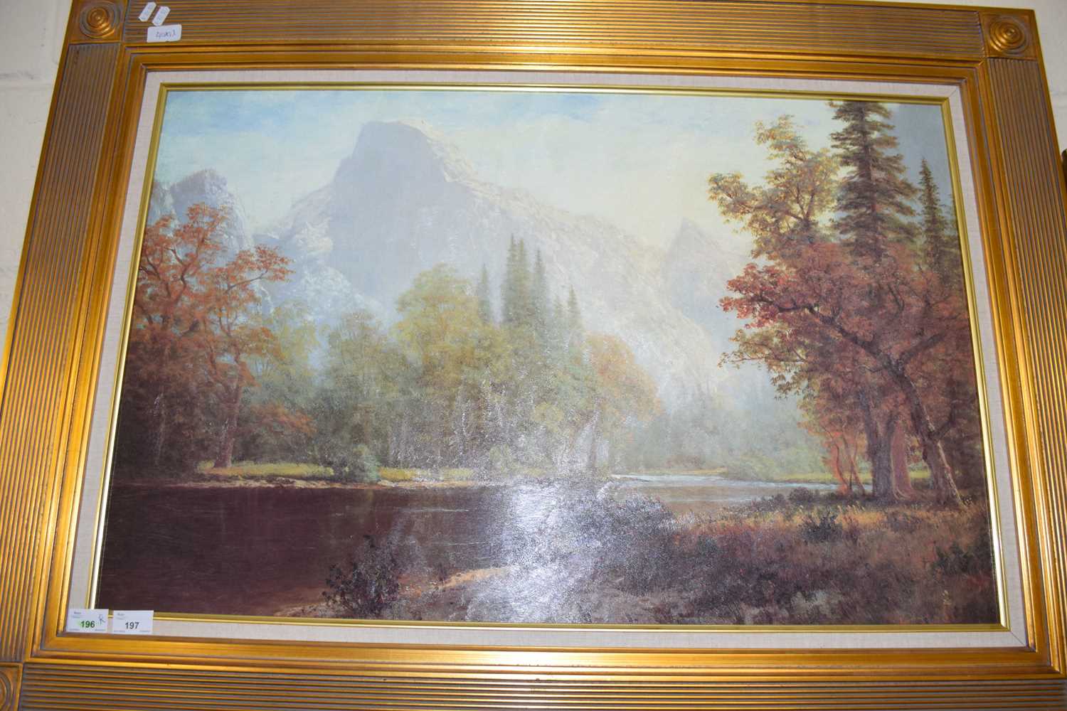 AFTER ALBERT BIERSTADT, MOUNTAIN LANDSCAPE, TEXTURED OLEOGRAPH, GILT FRAMED