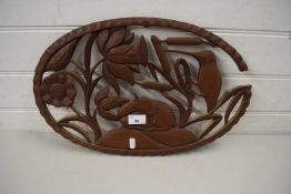 PIERCED HARDWOOD WALL PLAQUE DECORATED WITH ANTELOPE AND A BIRD