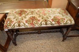 EARLY 20TH CENTURY LARGE RECTANGULAR STOOL ON OAK BOBBIN TURNED FRAME, 90CM WIDE