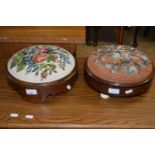 TWO SMALL VICTORIAN CIRCULAR FOOT STOOLS, ONE WITH BEADWORK DETAIL, THE OTHER WITH FLORAL TAPESTRY