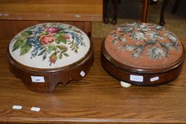 TWO SMALL VICTORIAN CIRCULAR FOOT STOOLS, ONE WITH BEADWORK DETAIL, THE OTHER WITH FLORAL TAPESTRY