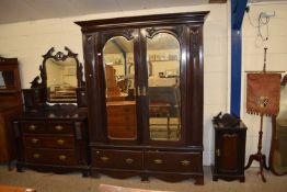 LATE VICTORIAN DARK STAINED WALNUT THREE PIECE BEDROOM SUITE COMPRISING A DOUBLE DOOR WARDROBE, A