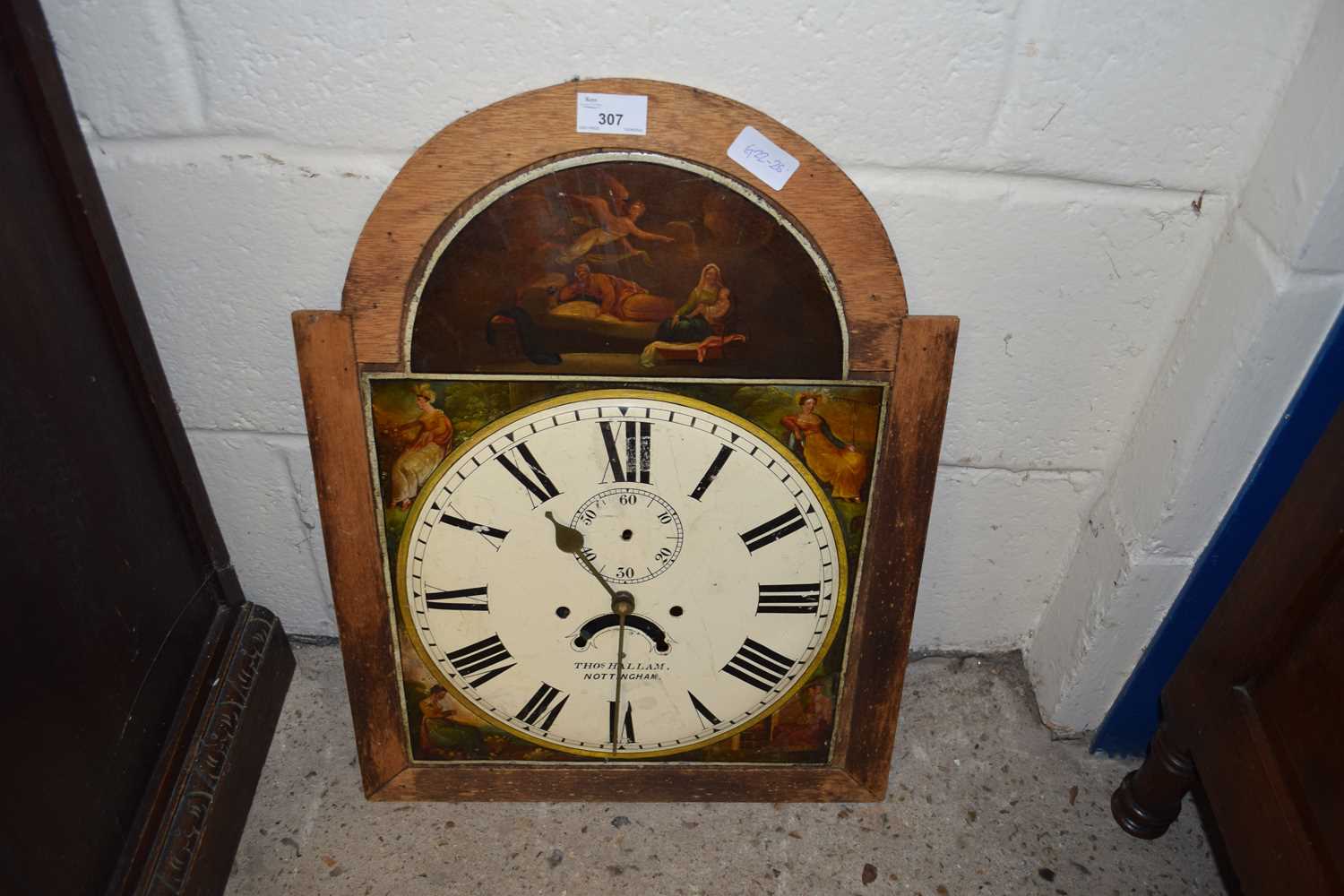 19TH CENTURY PAINTED LONGCASE CLOCK FACE, MARKED 'THOMAS HALLAM, NOTTINGHAM', NOW FITTED WITH A