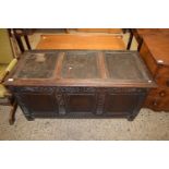 18TH CENTURY OAK COFFER WITH CARVED DECORATION, 127CM WIDE