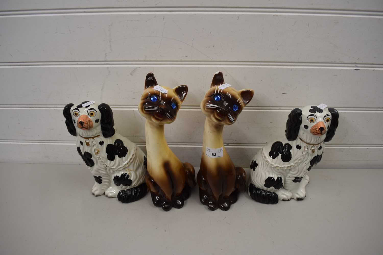 PAIR OF STAFFORDSHIRE DOGS AND A PAIR OF POTTERY CATS (4)