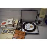 VARIOUS CASED PLACE MATS, AYNSLEY COMMEMORATIVE PLATE, AN ICE BUCKET, LOOSE CUTLERY AND OTHER ITEMS