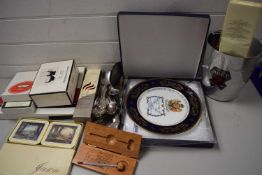 VARIOUS CASED PLACE MATS, AYNSLEY COMMEMORATIVE PLATE, AN ICE BUCKET, LOOSE CUTLERY AND OTHER ITEMS