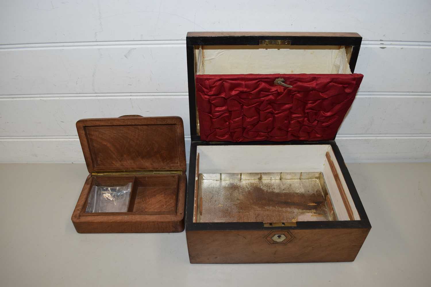 HARDWOOD CIGARETTE BOX AND A LATE 19TH CENTURY SEWING BOX WITH MOTHER OF PEARL INLAID DETAIL