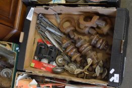 BOX OF VARIOUS IRON HITCHES, WHEELS AND OTHER ITEMS