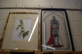 NEEDLEWORK PICTURE OF A KNIGHT, TOGETHER WITH A COLOURED FLORAL PRINT, BOTH FRAMED (2)