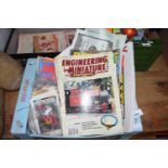 BOX OF ENGINEERING IN MINIATURE MAGAZINES, VARIOUS POSTCARDS ETC