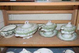 THREE TRANSFER PRINTED SOUP TUREENS AND A FURTHER SIMILAR VEGETABLE DISH