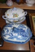 LARGE 19TH CENTURY BLUE AND WHITE WILLOW PATTERN TUREEN TOGETHER WITH A MODERN FRENCH SOUP TUREEN