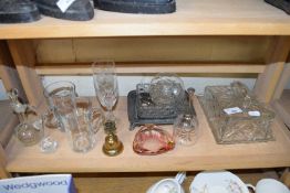 VARIOUS GLASS WARES, BRASS BELL, GLASS CHEESE DISH ETC