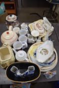 HOUSEHOLD CERAMICS TO INCLUDE DECORATED PLATES, TEA WARES, BISCUIT BARREL ETC