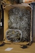 BOX OF LARGE GALVANISED STAPLES AND OTHER ITEMS