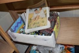 BOX CONTAINING GLASS MARBLES AND A QUANTITY OF BOOK PLATES