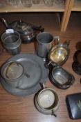 SILVER PLATED TEA SET, PEWTER TANKARD, PEWTER PLATES AND OTHER ITEMS