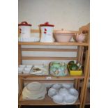 VARIOUS KITCHEN STORAGE JARS, SERVING DISHES, SMALL SYLVAC PLANTER, CREAM GLAZED PLATE ETC (3