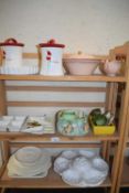 VARIOUS KITCHEN STORAGE JARS, SERVING DISHES, SMALL SYLVAC PLANTER, CREAM GLAZED PLATE ETC (3