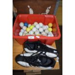 BOX OF GOLF BALLS AND A PAIR OF ADIDAS GOLF SHOES, UK SIZE 8