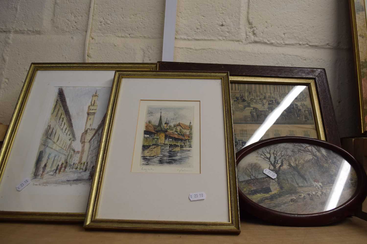 MIXED PICTURES TO INCLUDE CONTINENTAL STREET SCENE, OVAL HUNTING PRINT AND 19TH CENTURY COACHING