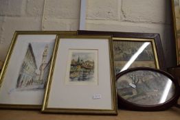 MIXED PICTURES TO INCLUDE CONTINENTAL STREET SCENE, OVAL HUNTING PRINT AND 19TH CENTURY COACHING